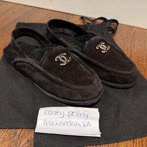Chanel 25A Suede Sherpa Black Slingback Loafers 37.5